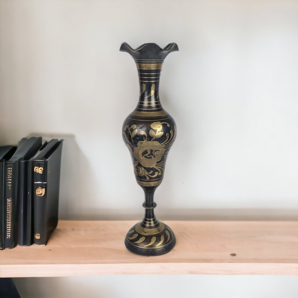 Vintage Scalloped Brass and Black Vase from India