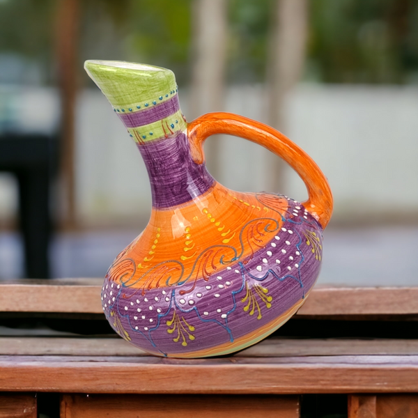 Vintage Tilted Colorful Ceramic Pitcher, Handmade in Spain