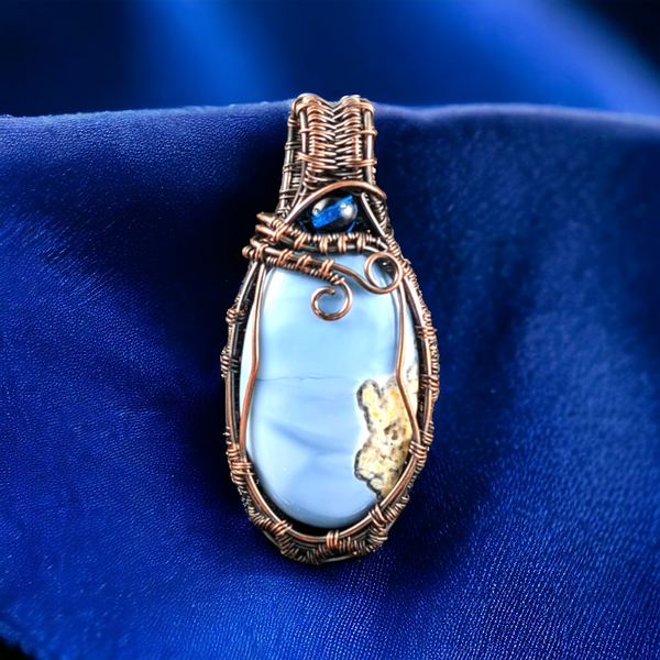 Handmade Copper Wire Wrapped Blue Opal Pendant