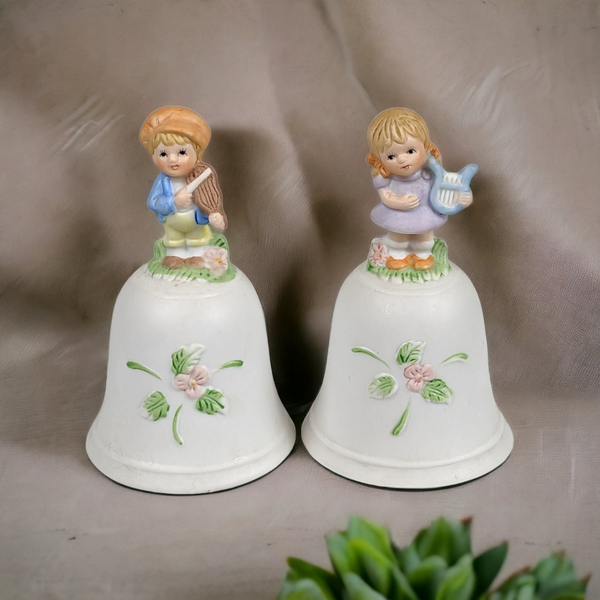 Pair of Homco Bisque Children Playing Instruments Bell 1416