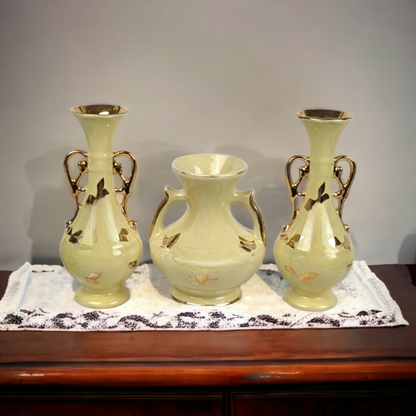 Trio of Vintage Yellow Vases with Elegant Gold Accents