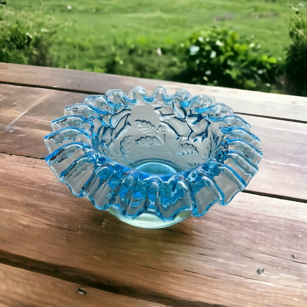 Small Ruffled Blue Glass Crimped Bowl