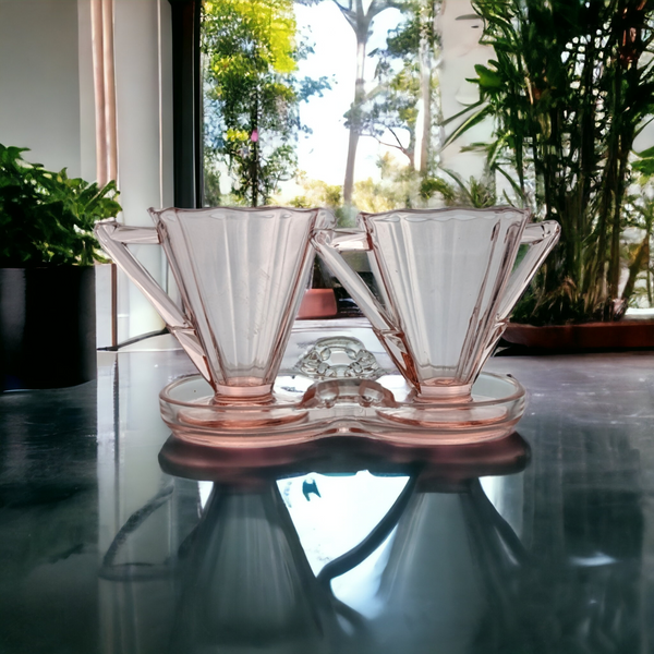 Vintage Pink Glass Cream and Sugar on Tray Set