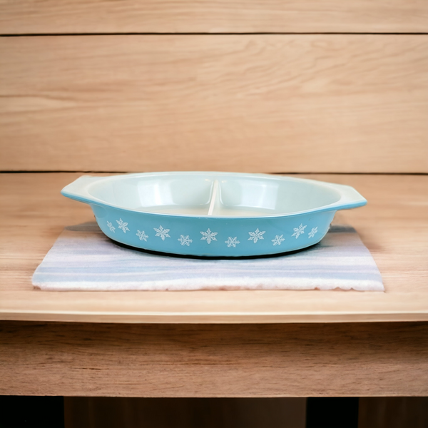 Pyrex Snowflake Turquoise 12" Divded Casserole Dish