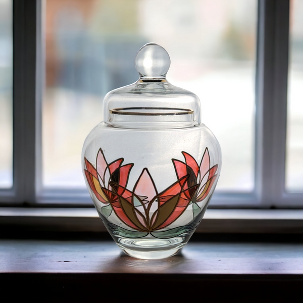 Lotus Art Glass Lidded Bowl/Jar