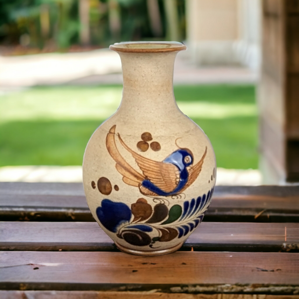 Vintage Tonala Mexican Bird Pottery Vase
