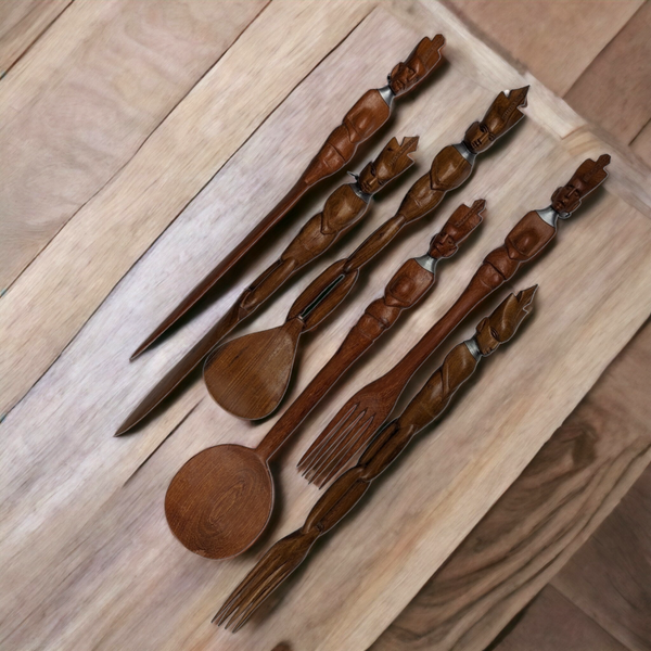 Set of 6 Hand Carved Tribal Wooden Utensils