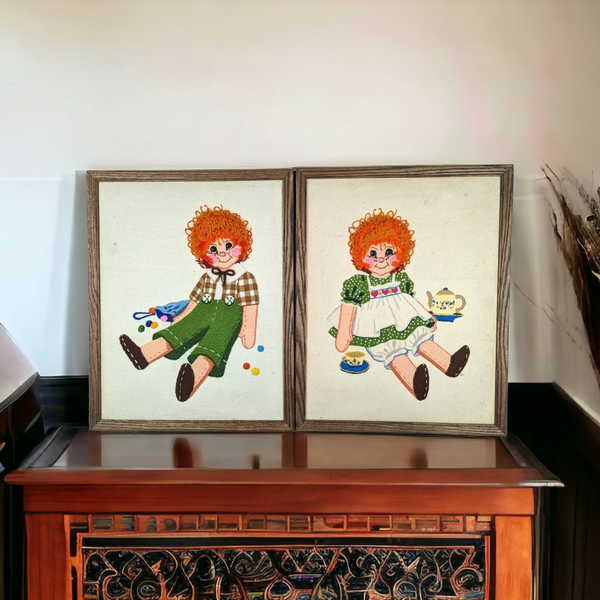 Vintage Carrot Top Boy and Girl Needlepoint Pictures