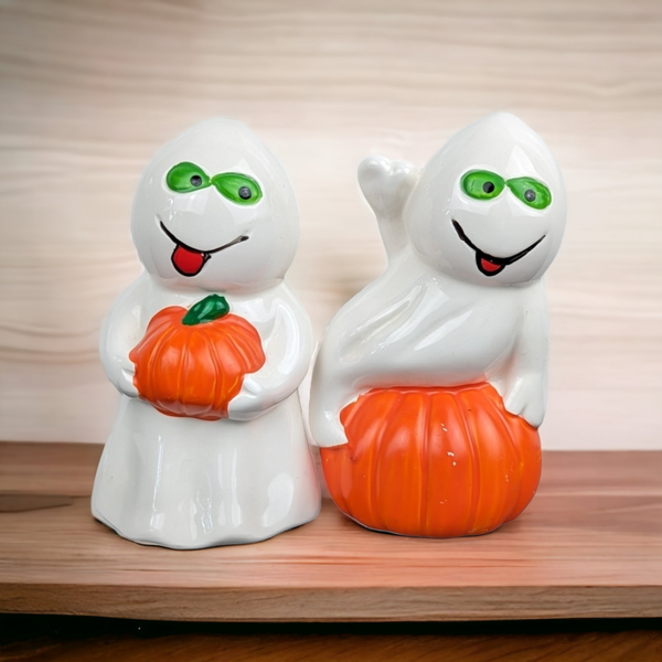 Vintage Ceramic Ghosts with Green Eyes and Pumpkin Figurine