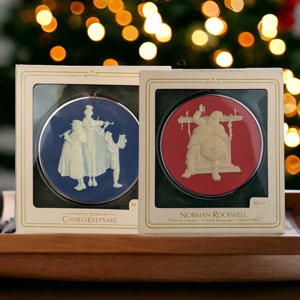 Set of 2 1980s Norman Rockwell Cameo Ornaments