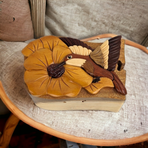 Handcrafted Wooden Hummingbird Puzzle Box, Missing a Piece