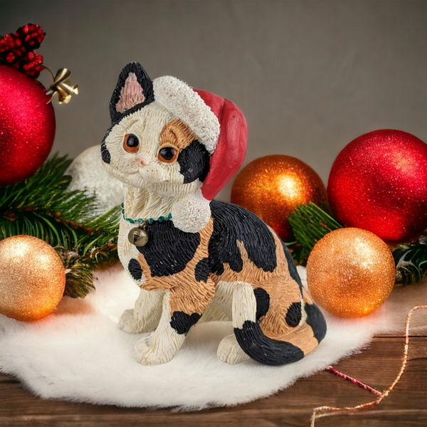 Enesco Resin Calico Cat with Santa Cap Resin Figurine