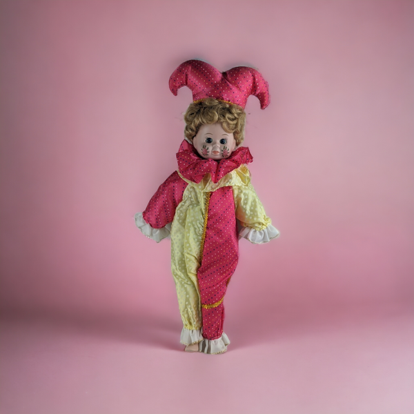 Vintage 19" Harlequin Jester Doll with Floral Decor on Face