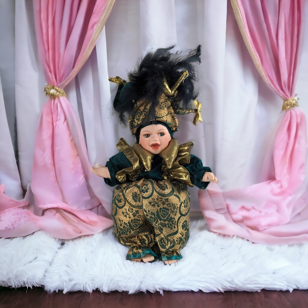 Vintage Porcelain Jester 12" Mardi Gras Baby Doll