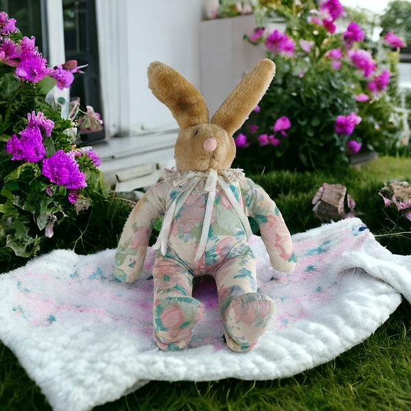 Vintage Plush Bunny with Floral Outfit, Stain on Arm and Foot