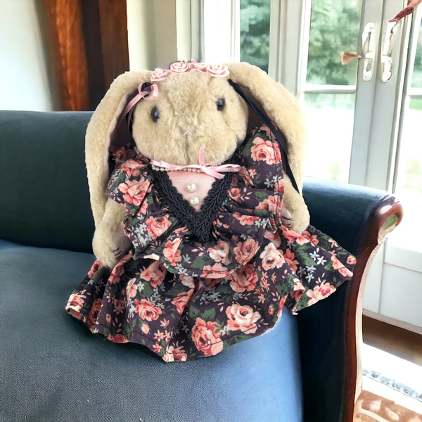 Vintage Plush Posable 7" Bunny in Floral Dress