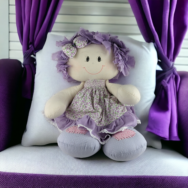 Vtg Handmade 19" Doll with Purple Floral Dress