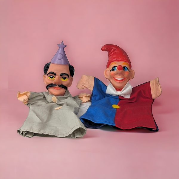 Pair of Vintage Rubber Head Hand Puppets, Wizard and Clown