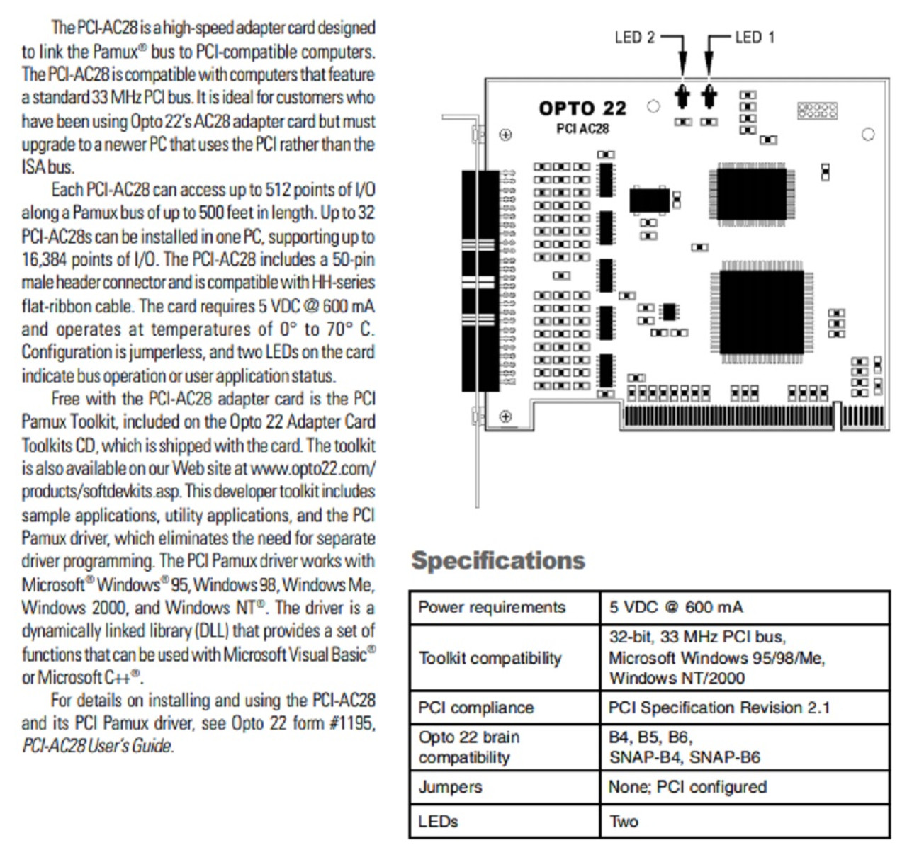 Opto 22 PCI-AC28 Pamux Adapter Card [New]