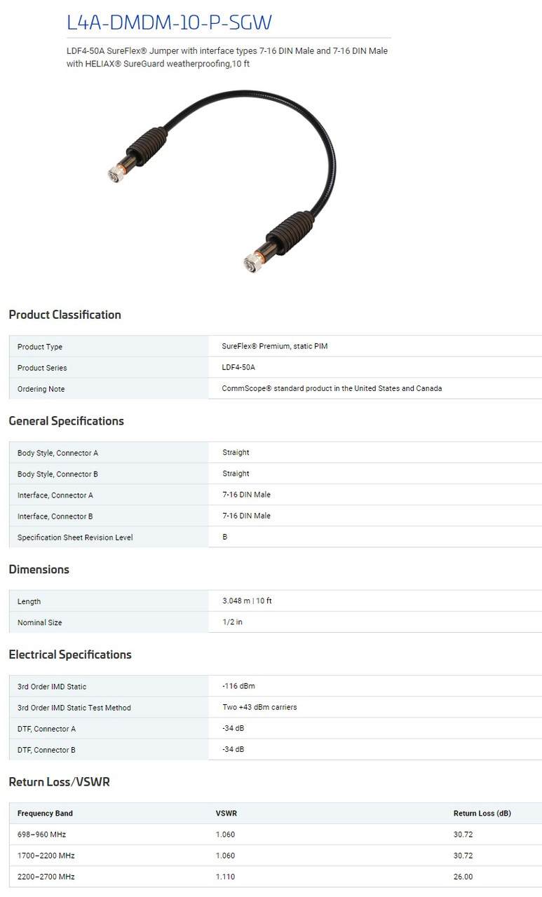 CommScope L4A-DMDM-10-P-SGW LDF4-50A SureFlex Jumper 7-16 DIN Male, 10ft [New]