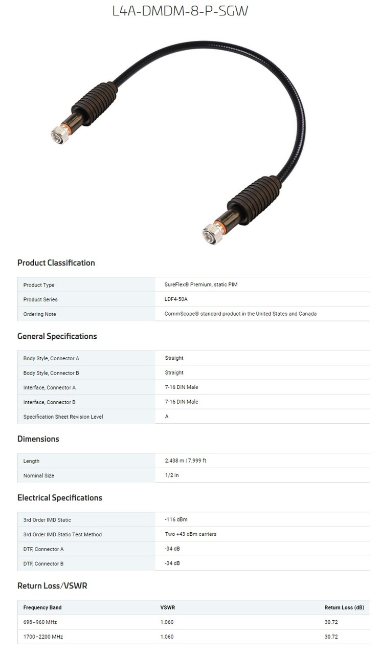 CommScope L4A-DMDM-8-P-SGW LDF4-50A SureFlex Jumper Cable, 7-16 DIN Male, 8 ft [New]