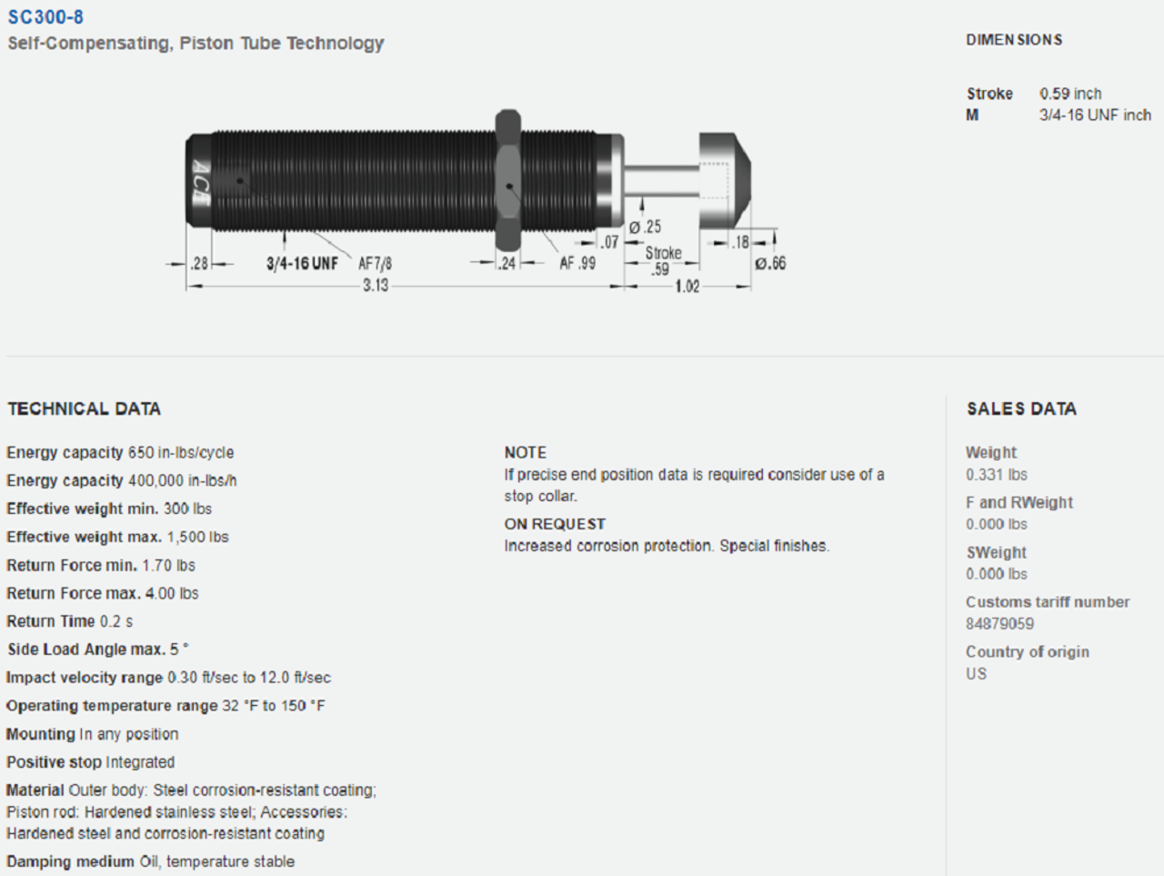 Ace Controls SC300-8 Shock Absorber, Piston Tube Design, 650 in/lb Energy Cap [New]