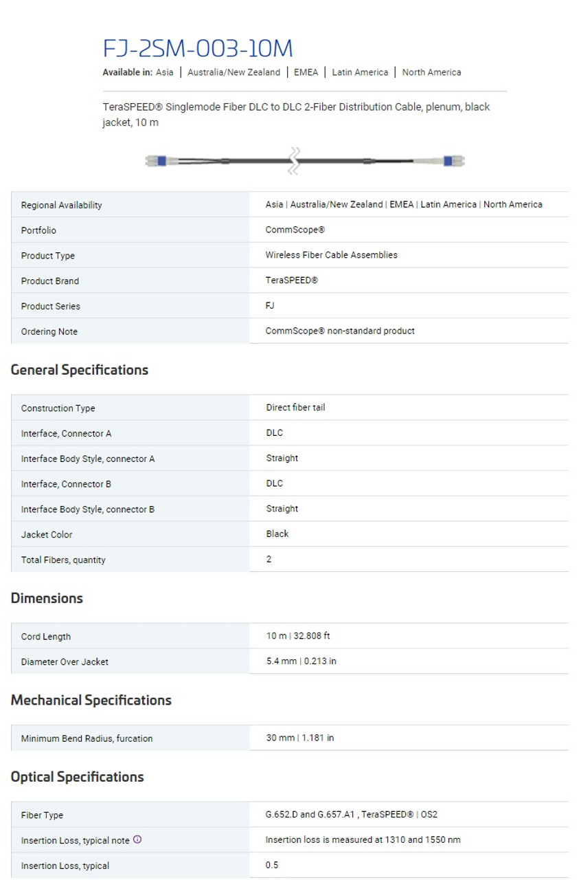 CommScope FJ-2SM-003-10M TeraSPEED Singlemode Fiber DLC to DLC 2-Fiber Dis Cable [New]