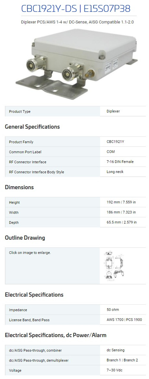 CommScope CBC1921Y-DS E15S07P38 Diplexer PCS/AWS 1-4 w/ DC-Sense, AISG Comp [New]