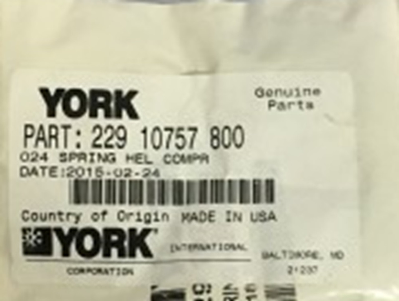 York Controls 229-10757-800 Suction Valve Spring [New]