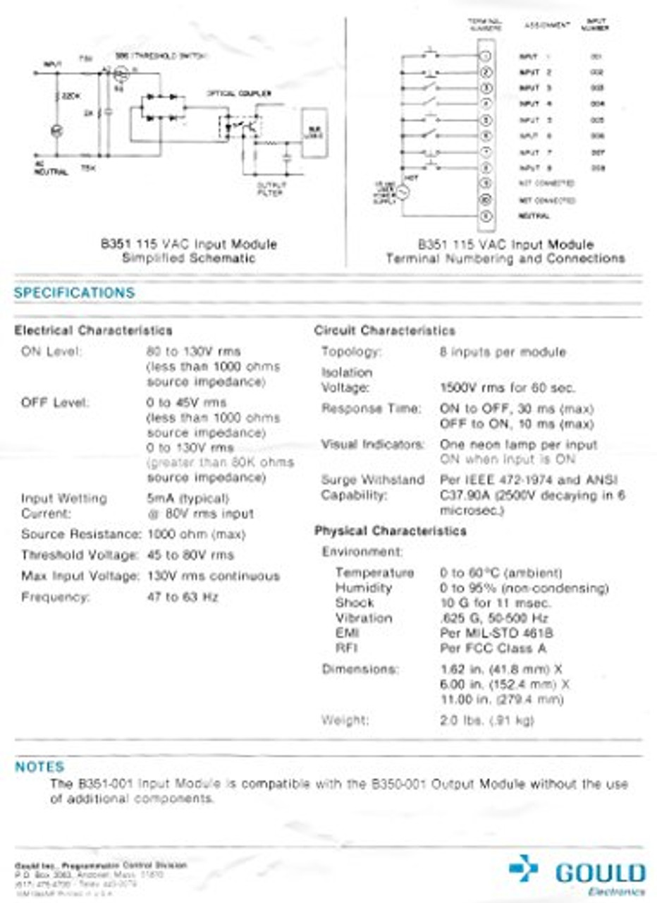 Gould Modicon AS-B351-001 Input Module for Micro 84 PLC Controller System, 115V [Refurbished]