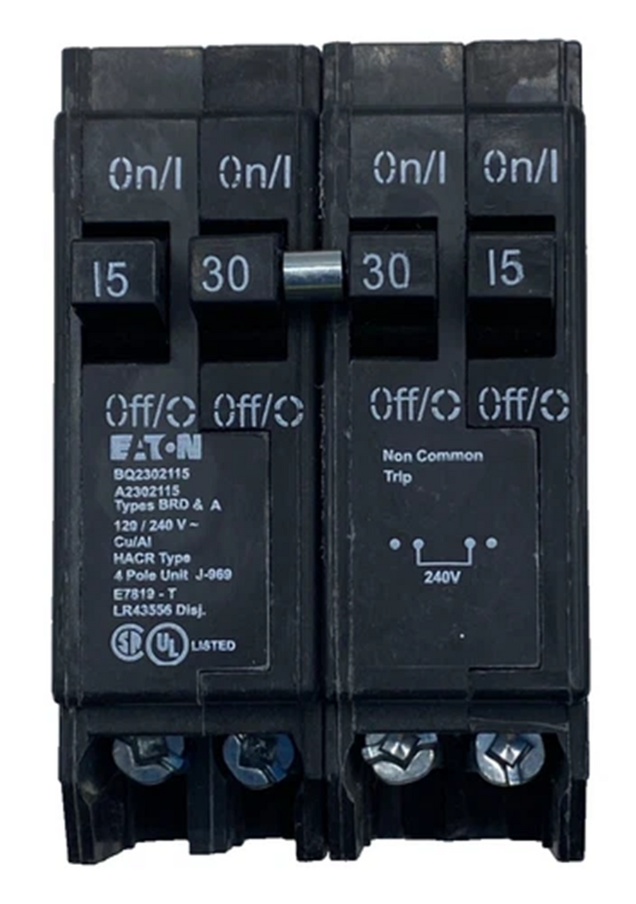 Eaton BQ2302115 Circuit Breaker, Type BQ, 4-Pole, 2x 15A 2x 30A, 120/240V [New]
