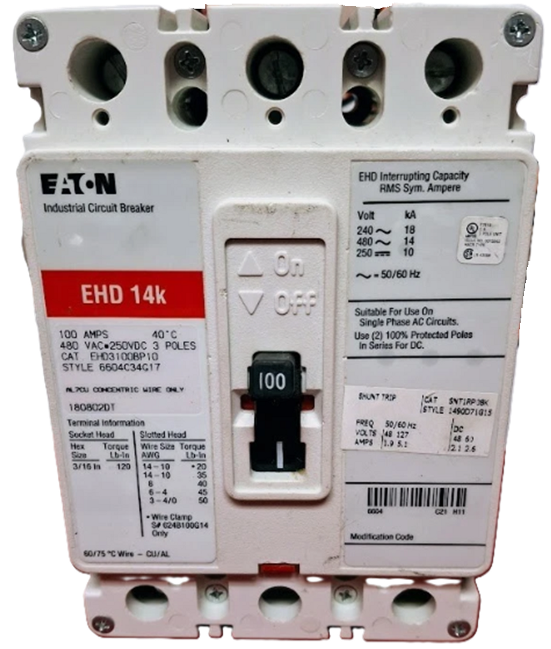 Eaton EHD3100L Circuit Breaker, 100A, 240/480V, 3-Pole, F-Frame, Series C [New]