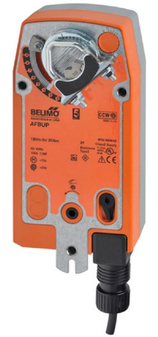 Belimo AFBUP, industrial actuator with orange and gray casing, mounted with adjustment dial and connection port for HVAC control systems.