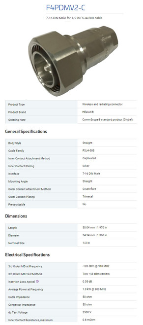 CommScope Andrew F4PDMV2-C 7-16 DIN Male for 1/2 in FSJ4-50B Cable, Crush-Flare [New]
