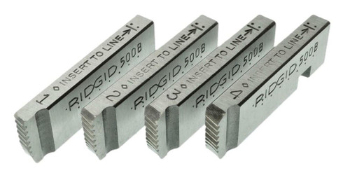 Ridgid 48975, set of four metal pipe repair tools with serrated edges and labeled specifications for plumbing repair.