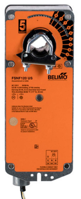 Belimo FSNF120 US, industrial electronic damper actuator with orange control scale and mounting features.