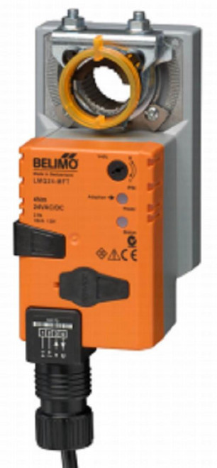 Belimo LMQX24-1, industrial automation limit switch with orange casing and mechanical adjustment controls.