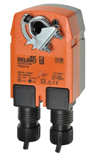 Belimo TFB24-S, industrial electric actuator with orange and black housing for controlling valve or damper actuators.