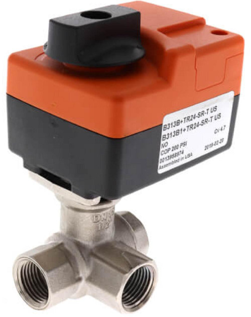 Belimo B313B+TR24-SR-T US, industrial valve actuator with orange and black casing and stainless steel valve connections.