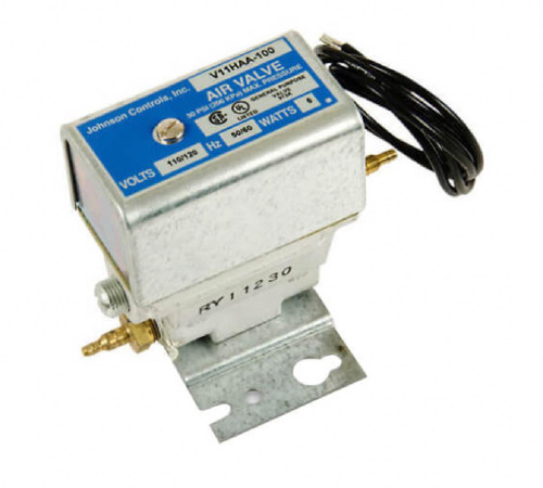 Johnson Controls V11HAA-100 air valve, small metallic rectangular component with blue label, electrical wires attached.