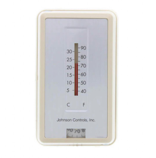 Johnson Controls T-4100-1, white thermometer and hygrometer device for temperature and humidity measurement.