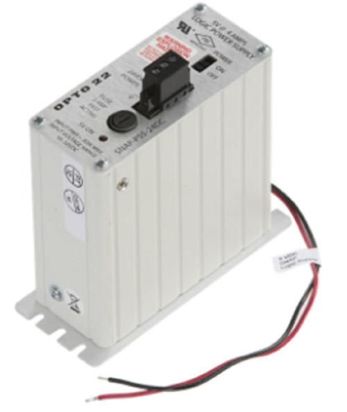 Opto 22 SNAP-PS5-24DC, industrial power supply unit with wiring cables and voltage regulator on top.