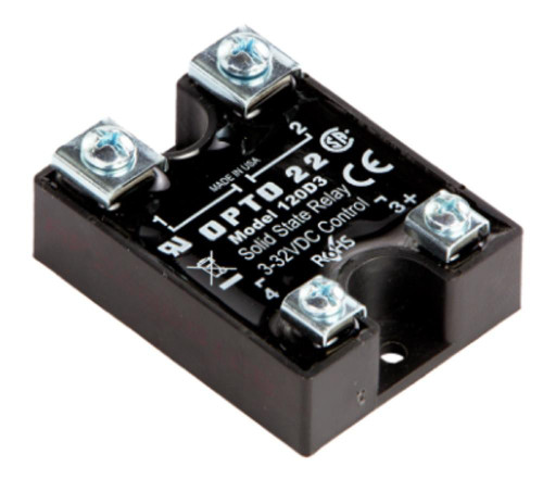 Opto 22 120D3, solid state relay with black rectangular housing and four screw terminals for electrical connection.