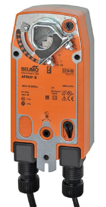 Belimo AFBUP-S, electric actuator with interface and control knobs for HVAC system automation.