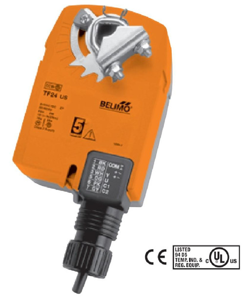 Belimo TF24-S US, industrial actuator with orange casing and mechanical gear, designed for controlling HVAC systems, with certification marks and electrical connection components.