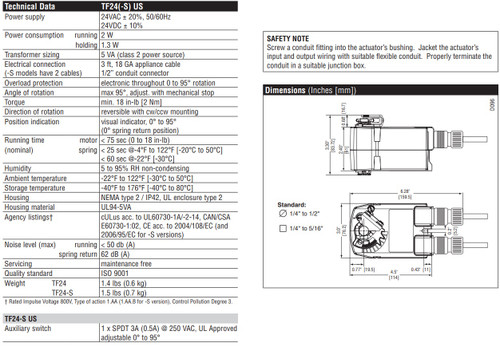 Belimo TF24-S US Damper Actuator, On/Off, Spring Return Fail-Safe, 24V AC/DC [New]