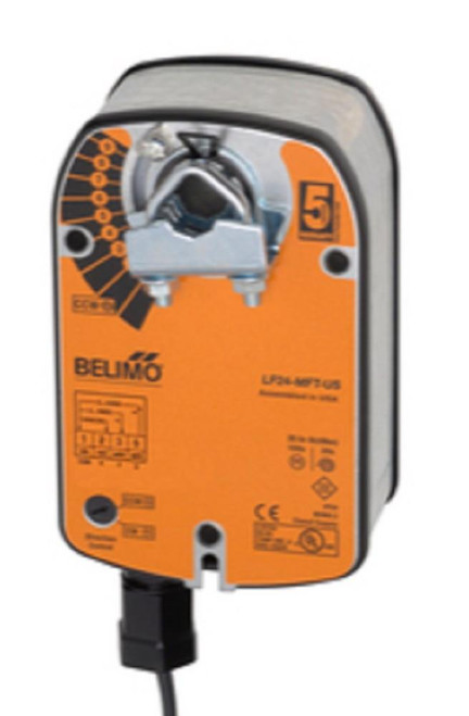 Belimo LF24-MFT US, industrial actuator with orange label and mounting mechanism.