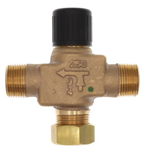Siemens VMP42.13(2), brass valve with threaded connections and black control knob.