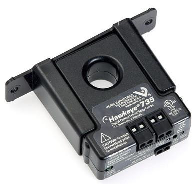 Veris H735, electronic sensor device with mounting brackets and connection ports.