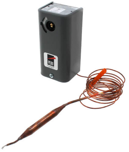 Johnson Controls A19AAA-18C, electronic thermostat with sensor probe for climate control.